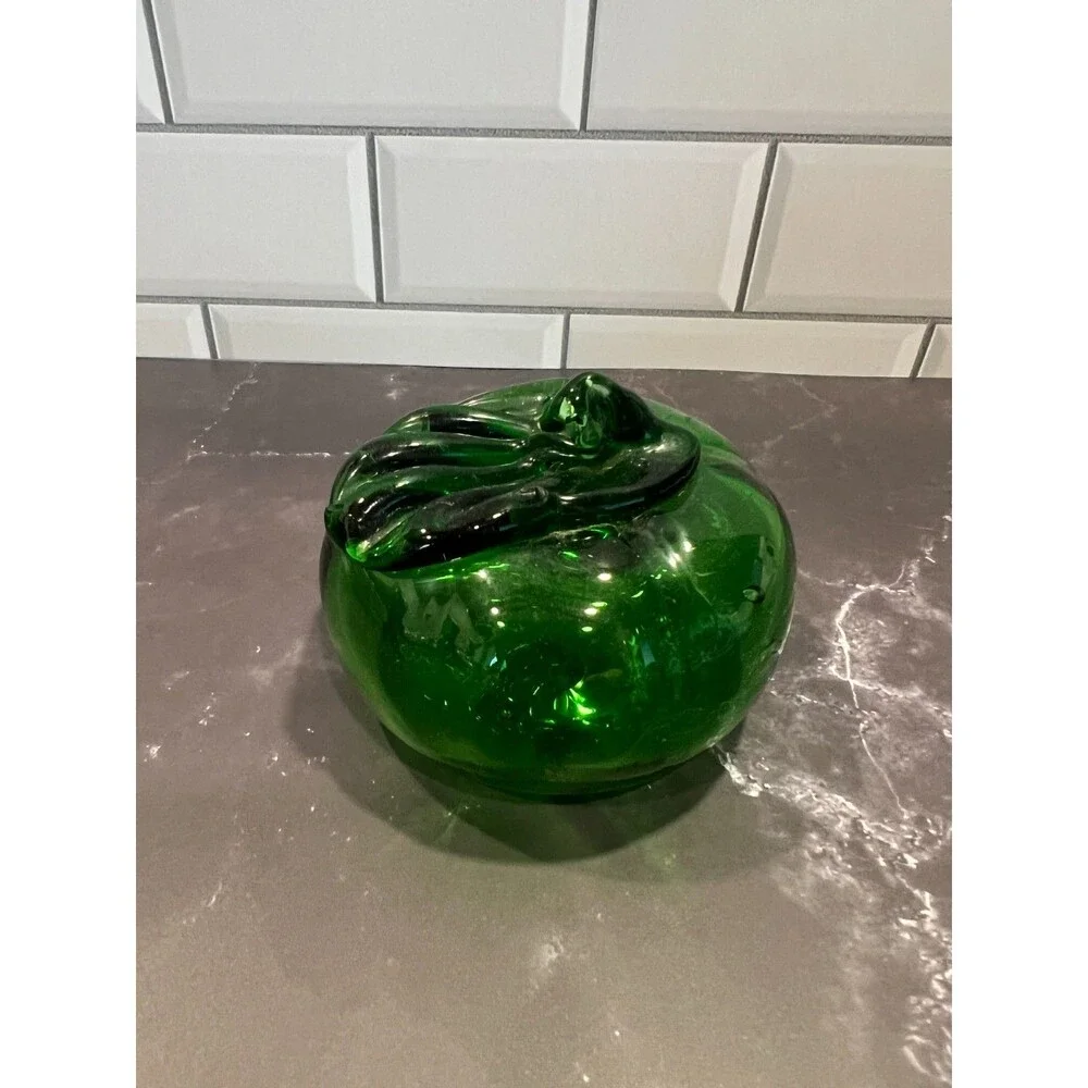 Vintage Hand Blown Emerald Green Art Glass Pumpkin  Fall Harvest Decor